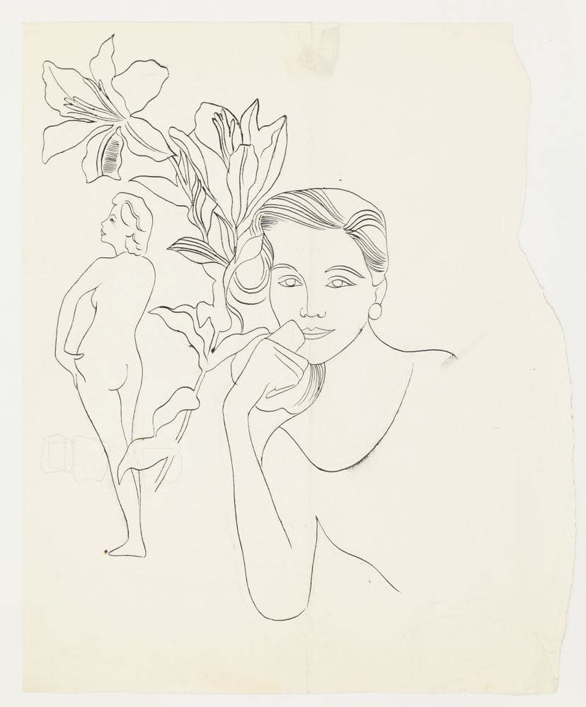 Andy Warhol, Female Head With Flowers And Full Figure, c. 1955