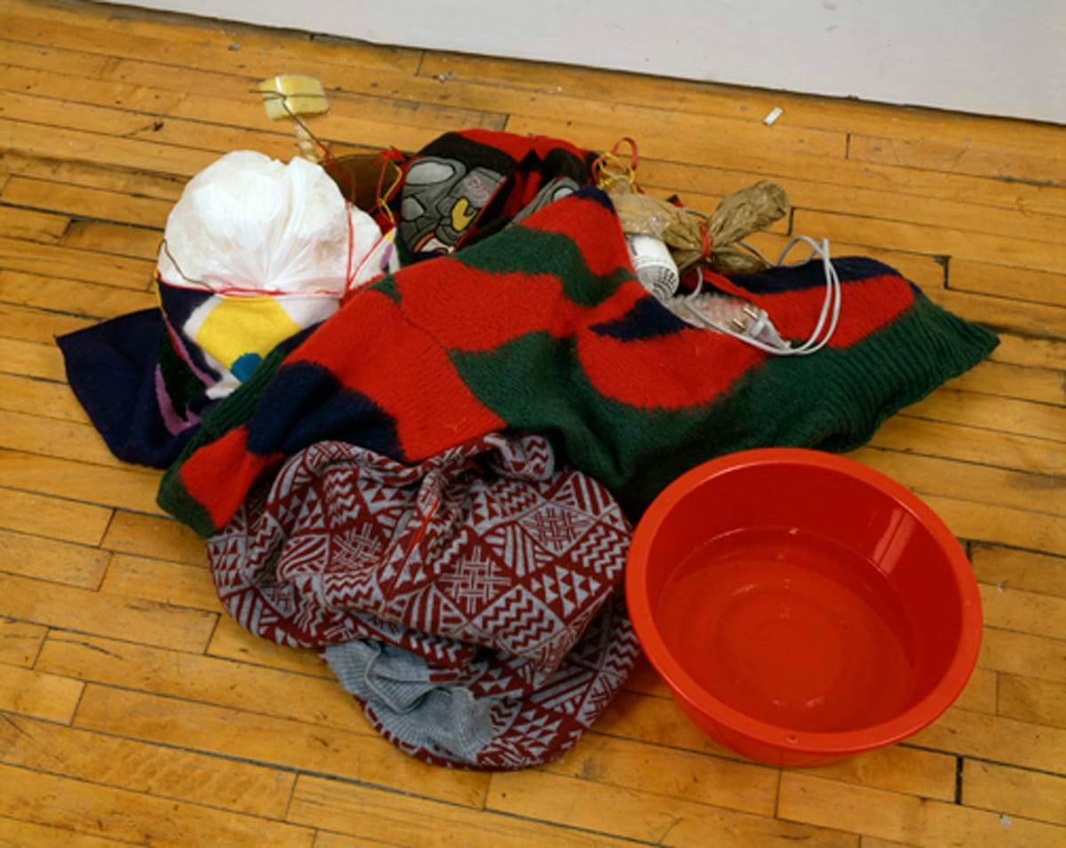 John Bock, Mini-Max-Iso-Schizo-Gravity-Imput-Output-Layman-Analytic-Decidingelements, (four sweaters with deciding elements), 1999