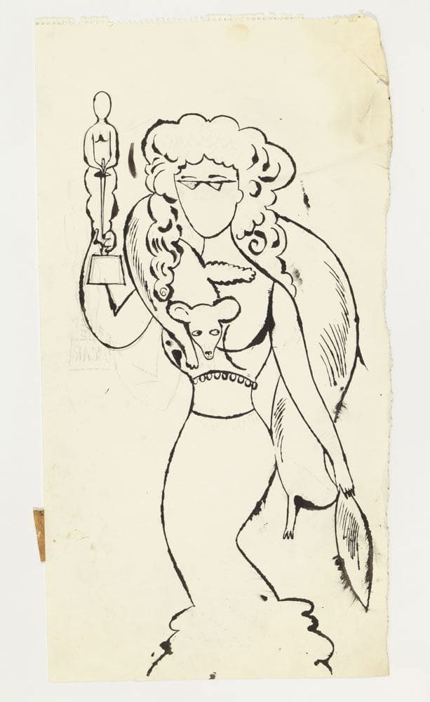 Andy Warhol, Female Wearing Fur Holding Oscar, c. 1954