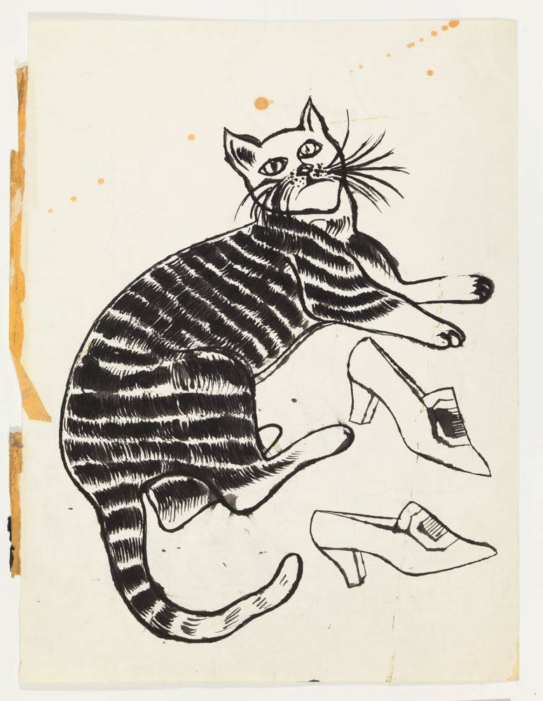 Andy Warhol, Reclining Cat With Two Shoes, c. 1956