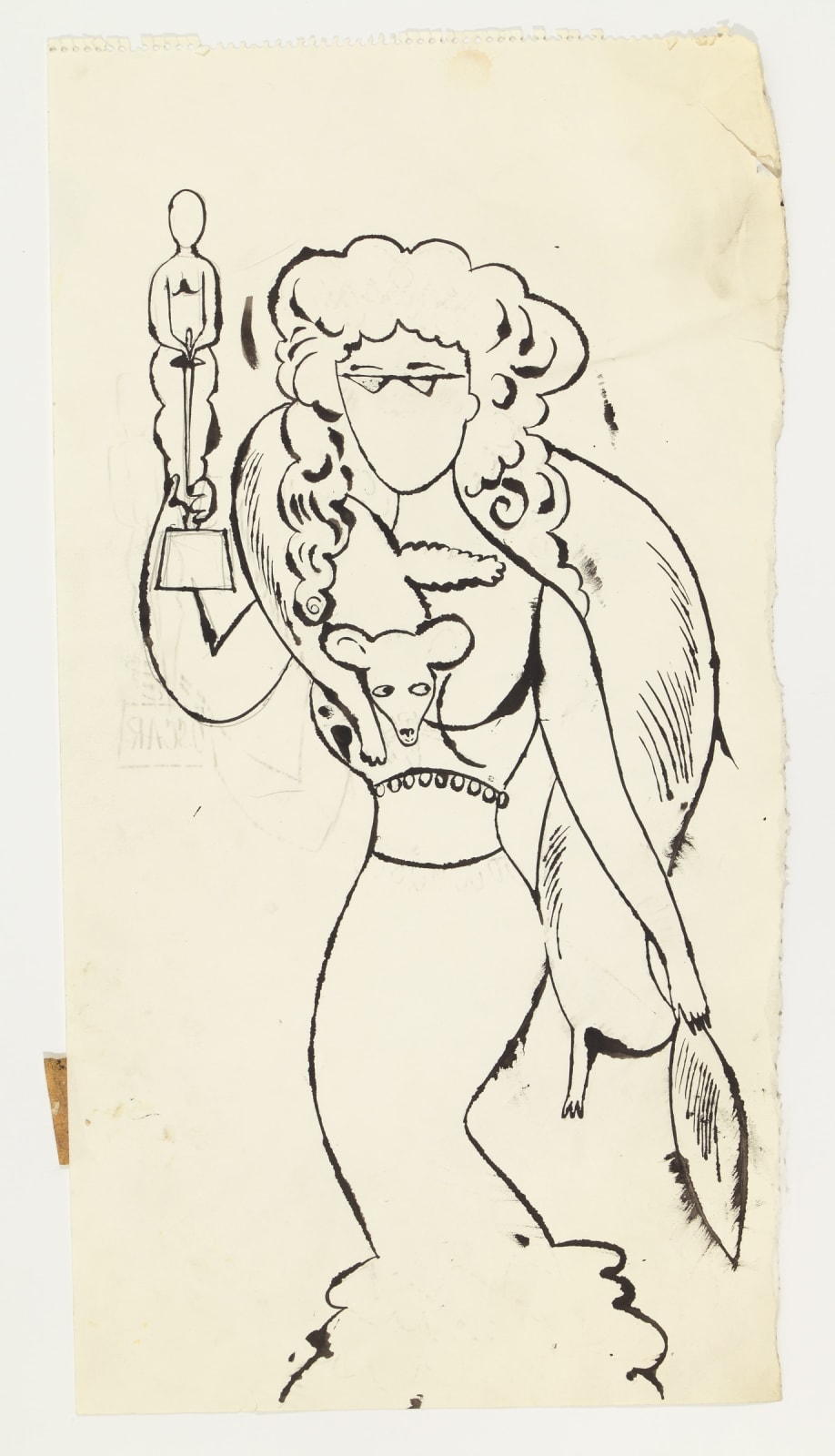 Andy Warhol, Female Wearing Fur Holding Oscar, c. 1954
