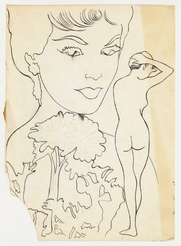 Andy Warhol, Female Head, Flowers and Full Figure, c. 1955