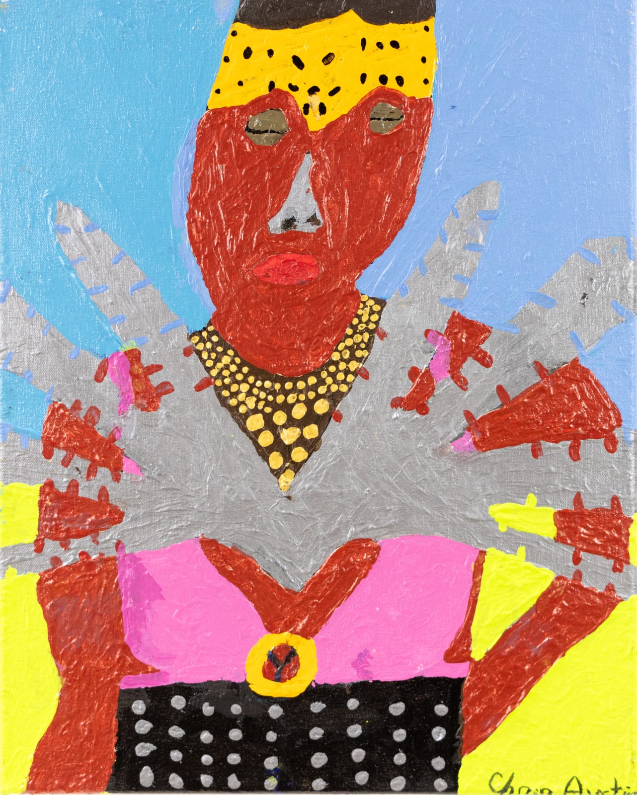 A figure adorned with gold and silver stands centrally posed with their eyes shut. Their nose is a grey color and their hair is black. The ground is yellow and the sky is blue. 