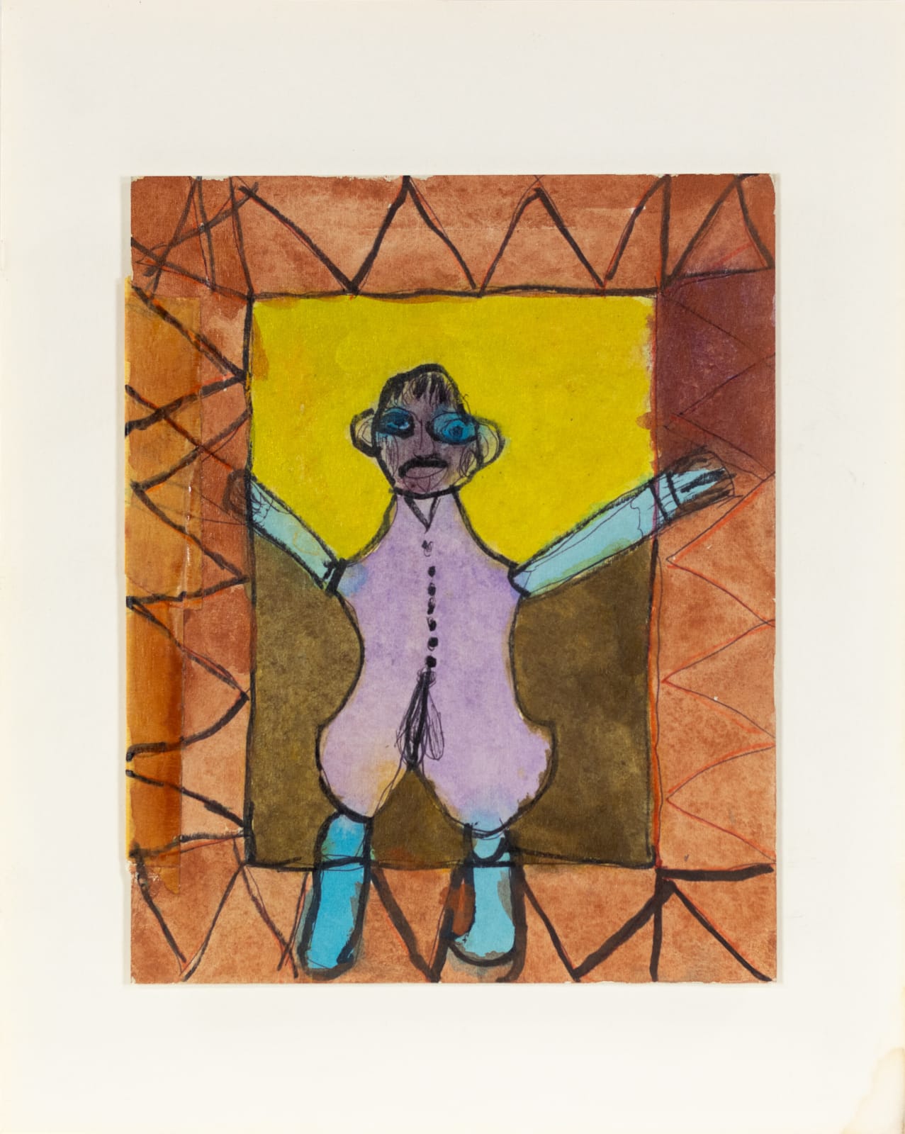 A painting of a figure in a pink outfit with blue arms. 