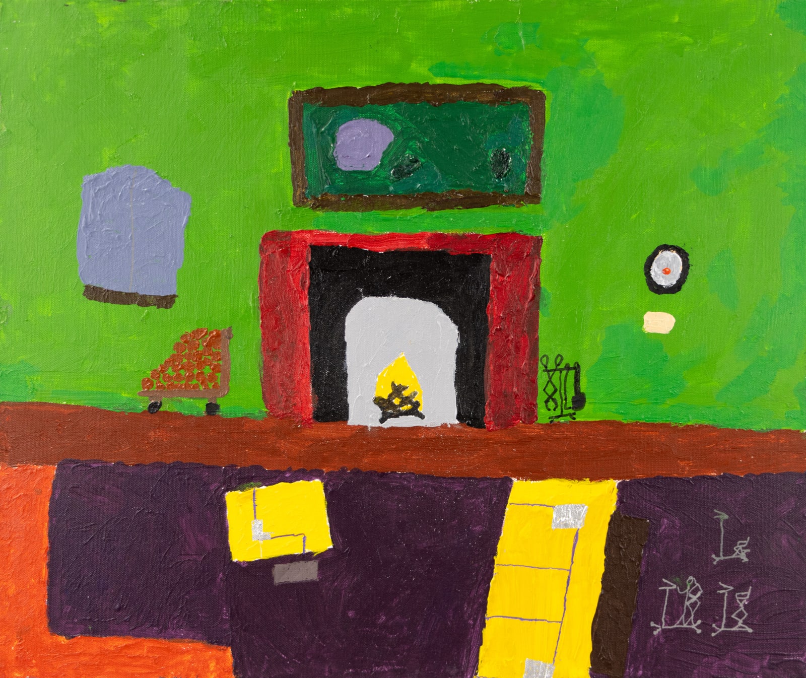 An interior scene wfeaturing a room with a purple ground, green walls and a red fire place. A picture hangs above the hearth and nearby is a stack of kindling and tools to stoke the active fire. 