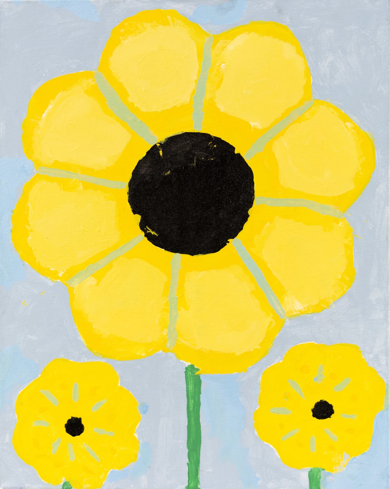 Three yellow flowers, two small ones at the left and right flank a much larger centrally posed flower. 