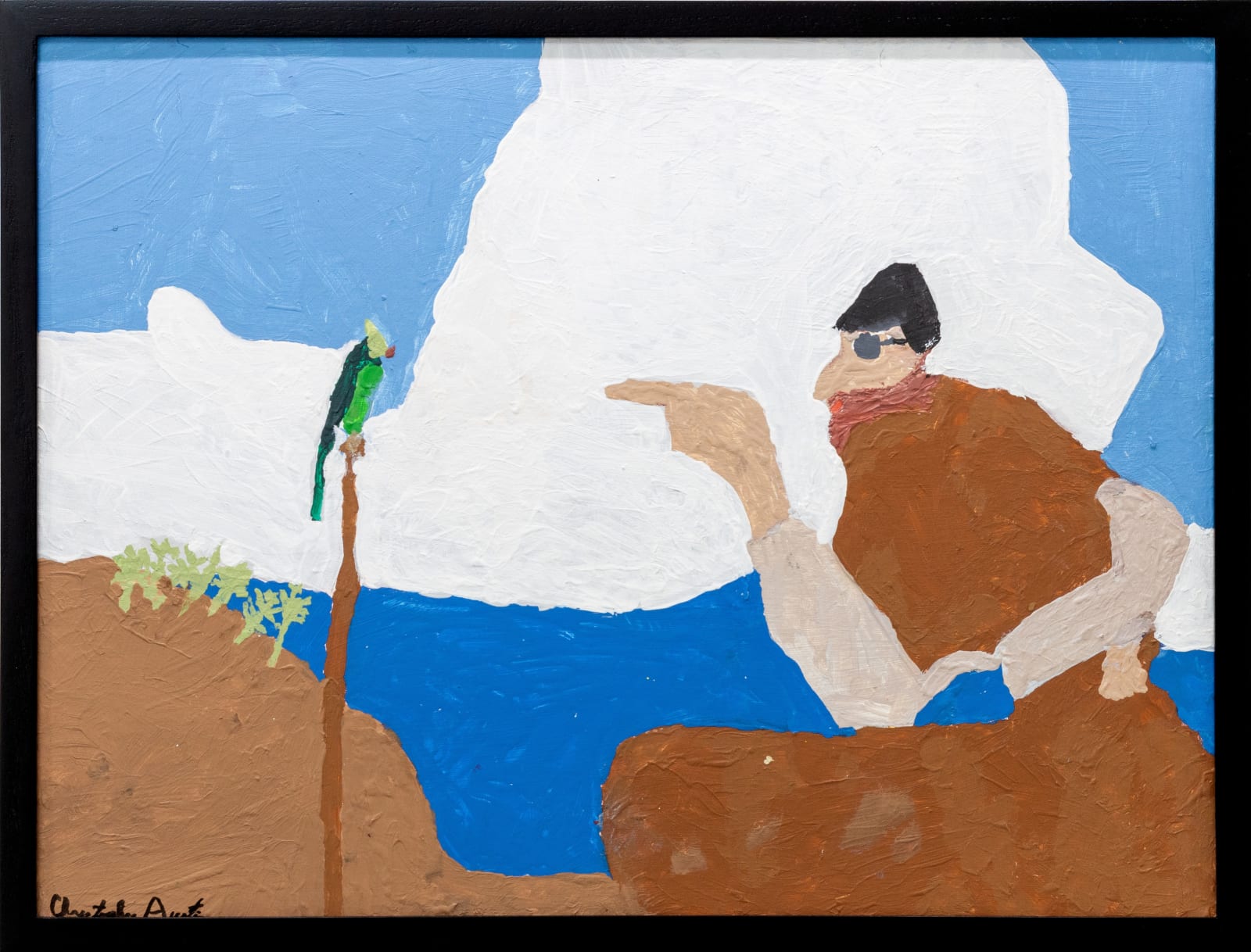 A male figure against a seascape and sky leans forward and points towards a green bird. 