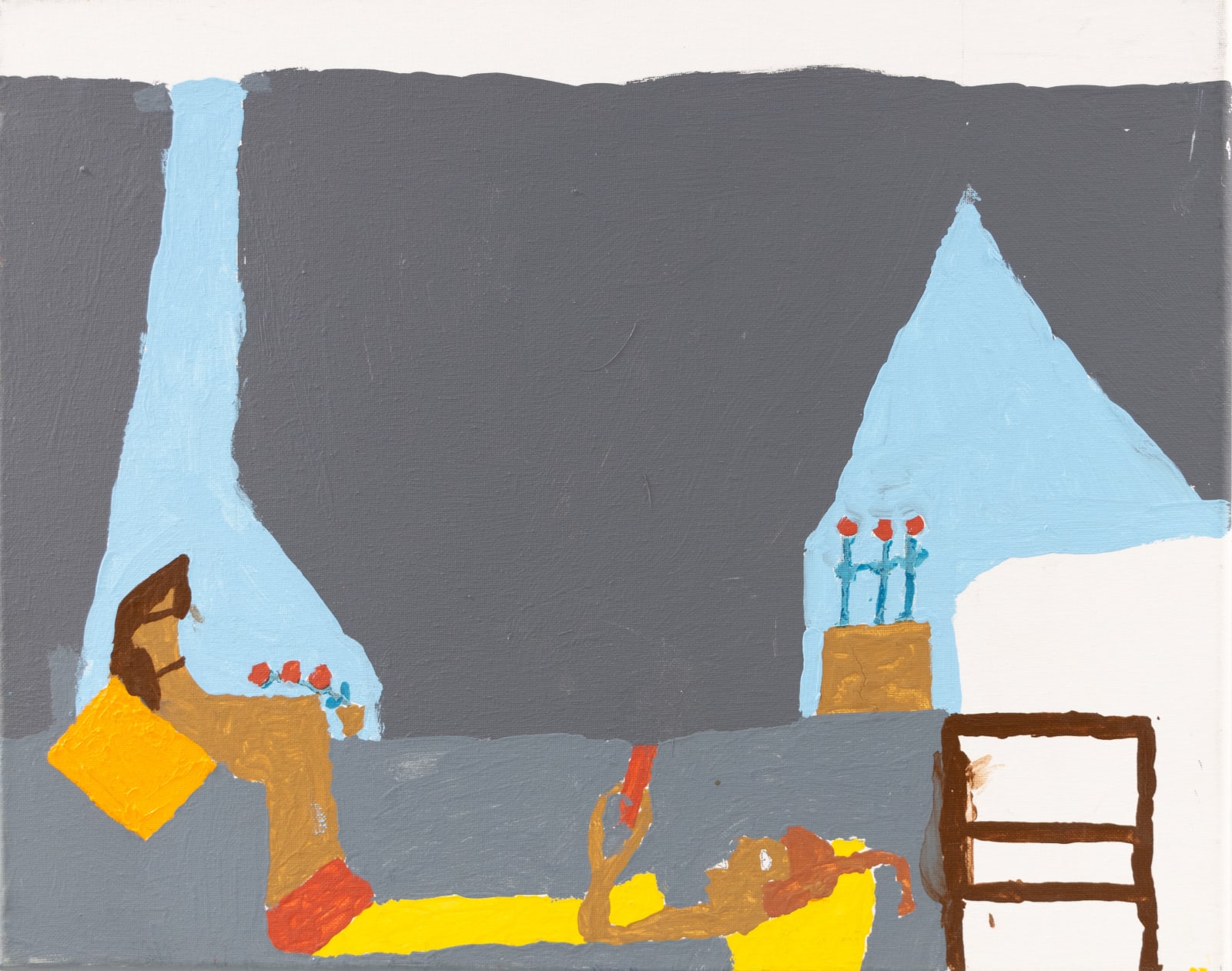 A tanned female figure lies recumbently on a grey couch holding a red book. The room she is in has grey curtains that are slightly open to reveal the blue sky outside. Nearby her head is a borwn chair and a white form behind it. Above the couch is a vase with three red flowers. 