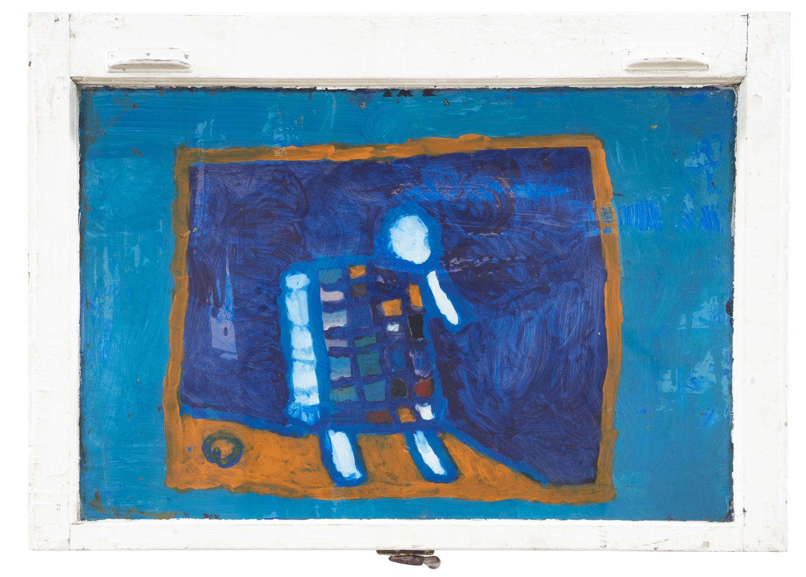 A painting on a window with a bright blue background surrounding a darker blue background on which a figure in a check-pattern dress stands