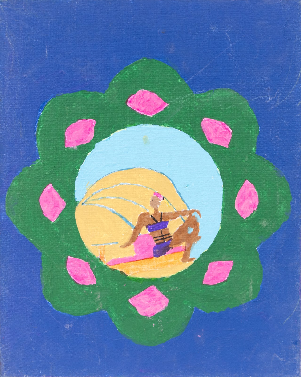 A blue background with a green medalion with pink shapes frames a female figure lounging on a pink towel. 