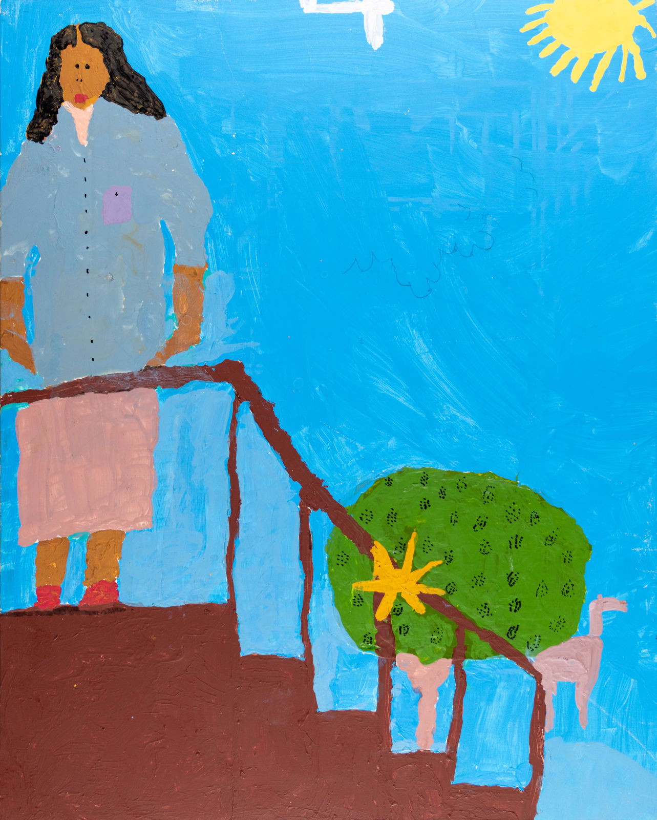 A female figure stands outside on a staircase. She is wearing red shoes, a peach skirt, and a blue-gray top. To her right is a tree with an animal beneath it. The sun is shining in the top right corner. 