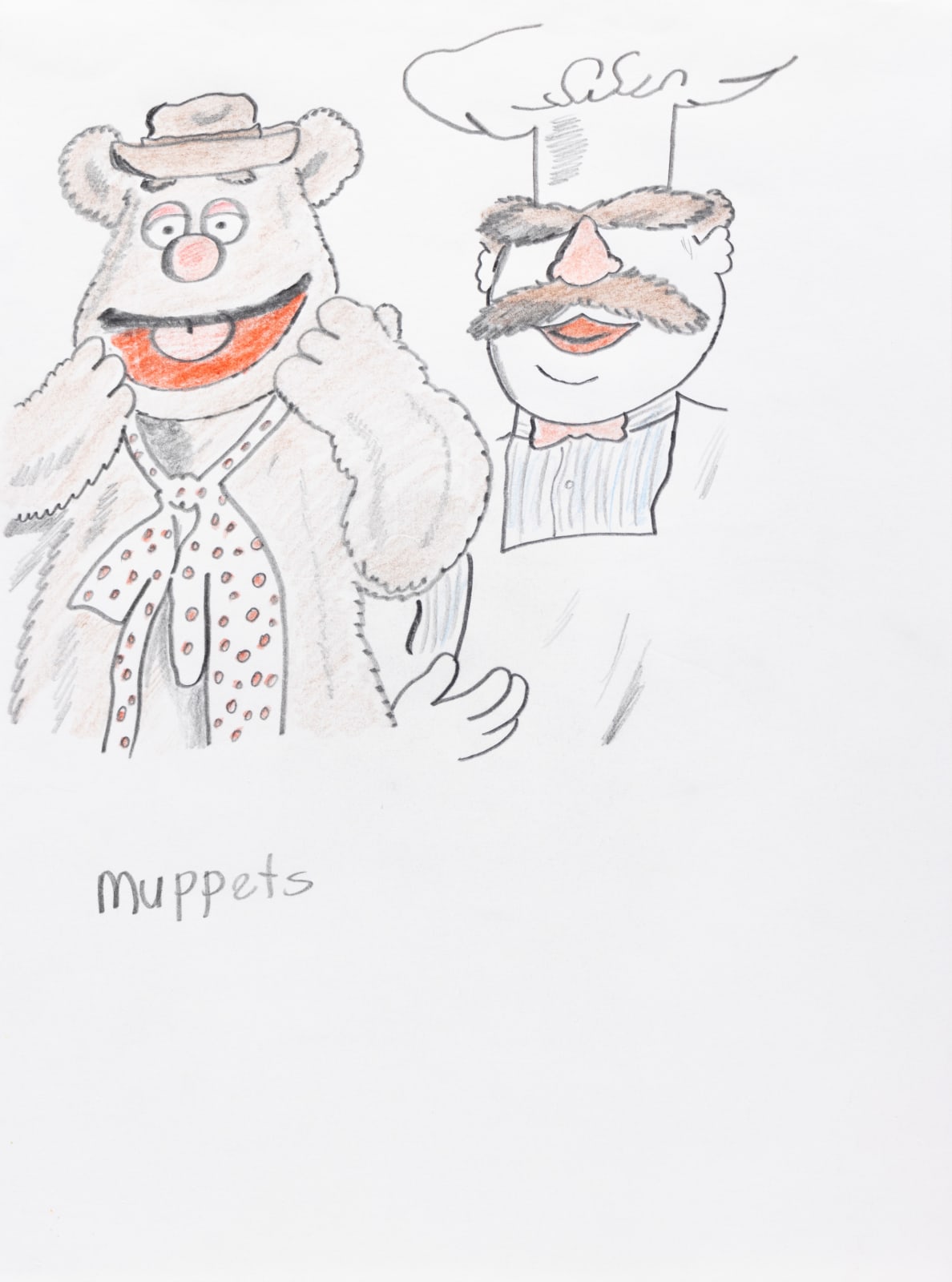 A drawing of a bear in a hat and polka dot tie smiles next to a chef with bushy eyebrows and a big moustache. Below it says 