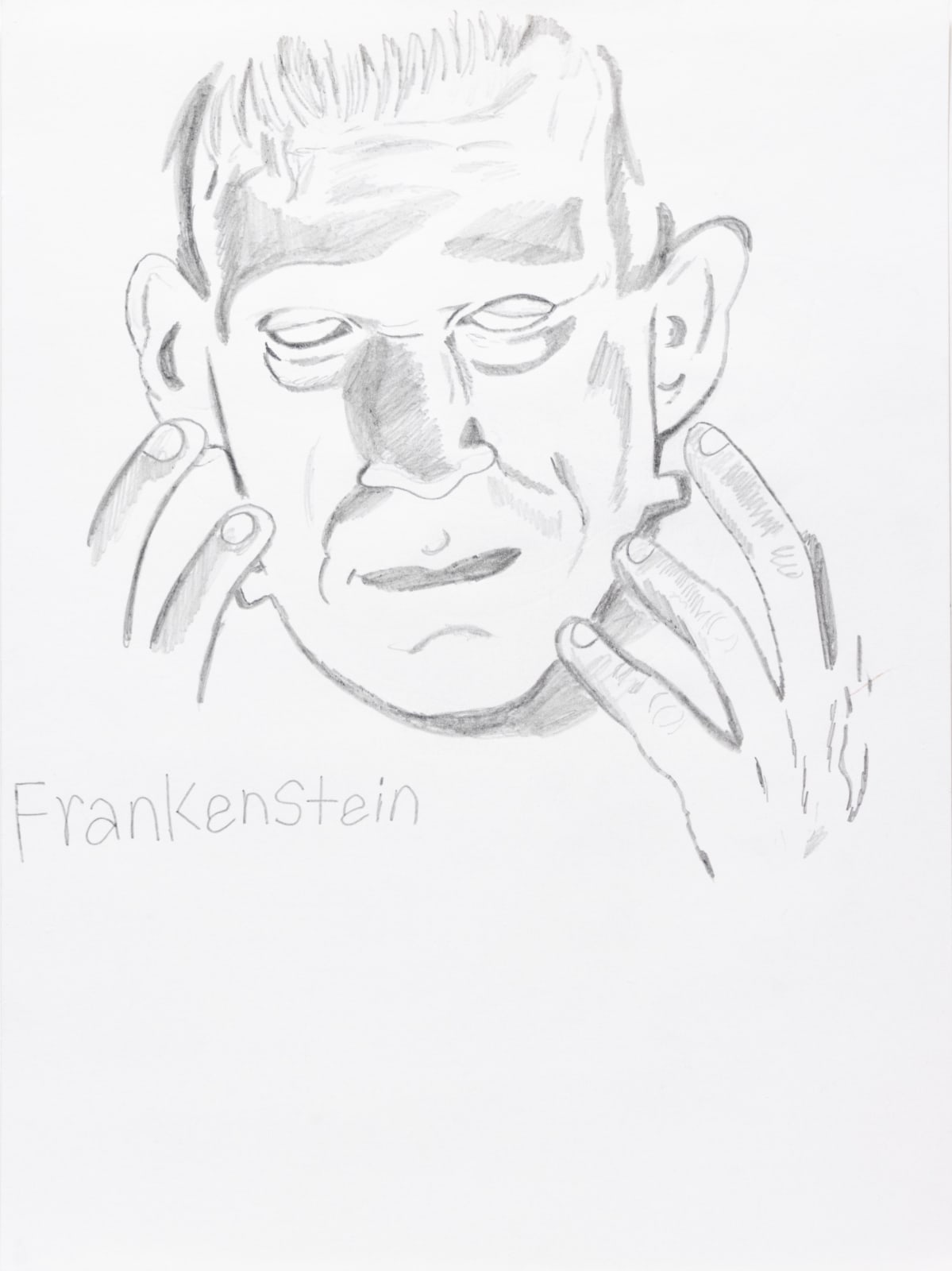 A drawing of Boris Karloff's face and hands as Frankenstein's Monster. Text below the face reads 
