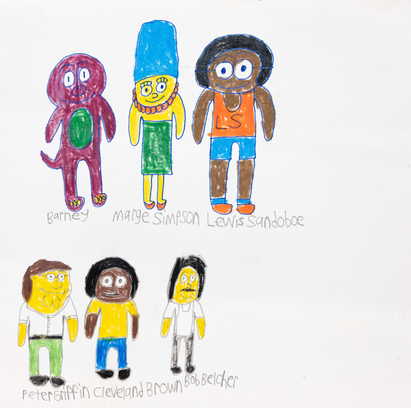 Lewis Sandoboe, Untitled (Barney, Marge SImpson, Lewis Sandoboe, Peter Griffin, Cleveland Brown, Bob Belcher), 2024