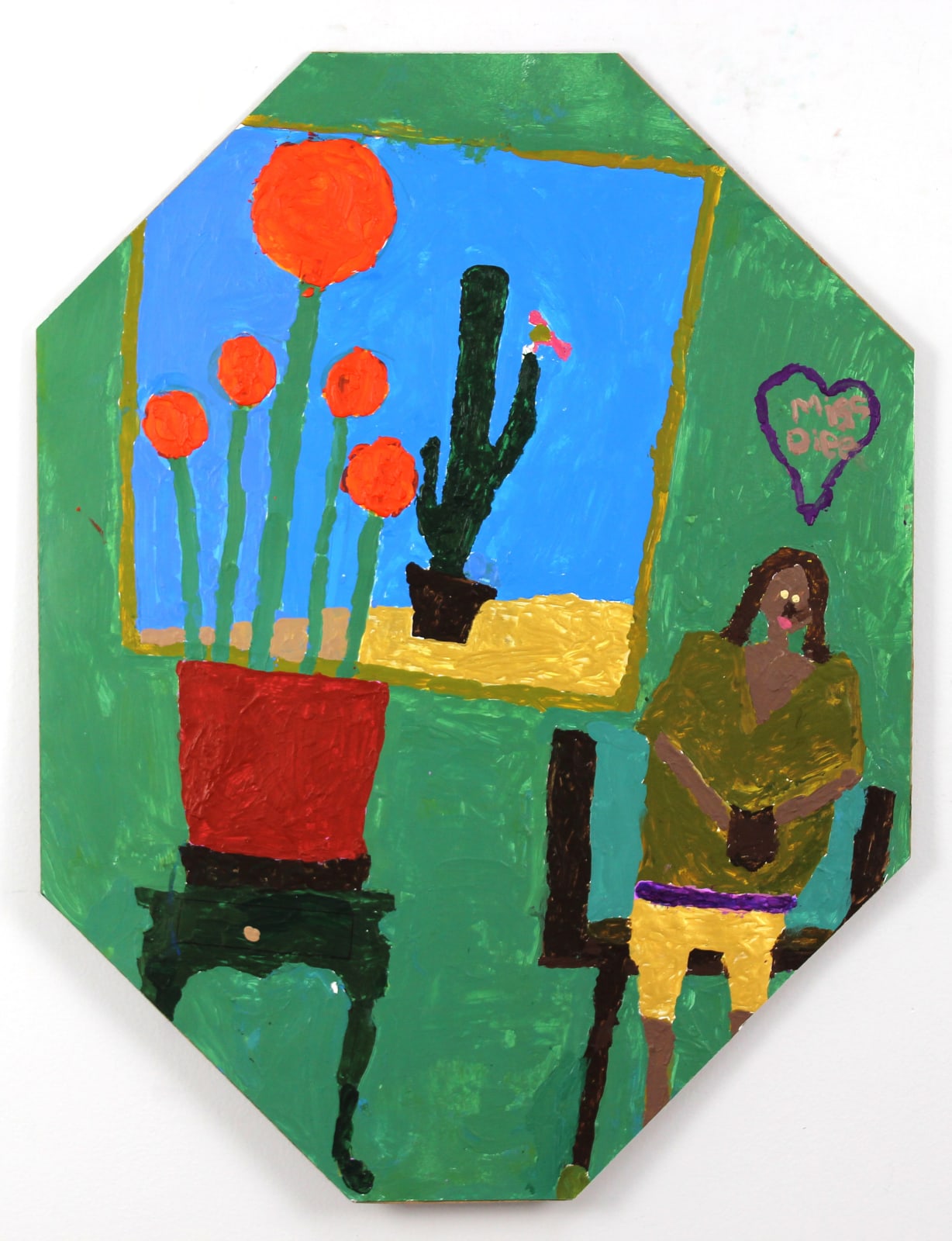An uneven octagonal board with a green interior scene. A female figure in a green shirt and yellow shorts sits on a chair near a window or picture framing a landscape with a cactus. Nearby is a side table that holds a pot with a five stalked plant, each topped with an orange circle. 