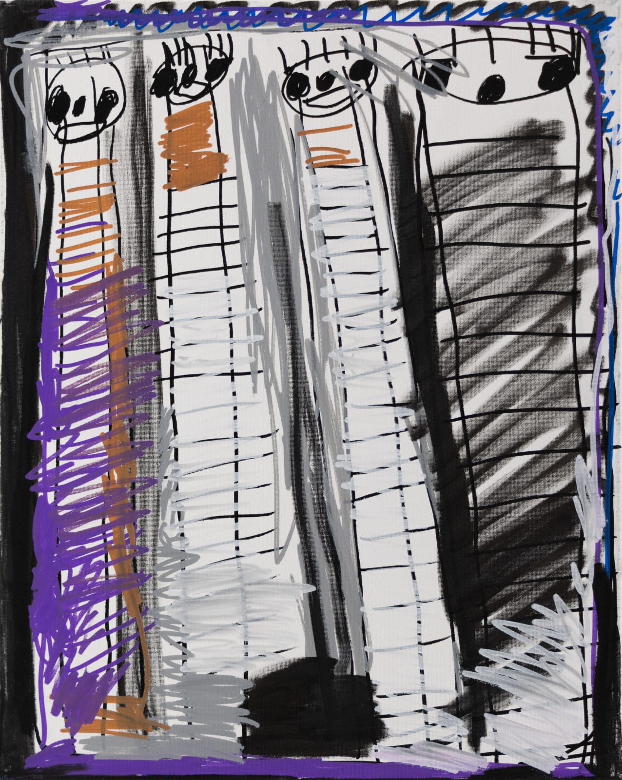 An acrylic painting with four long forms that terminate in faces