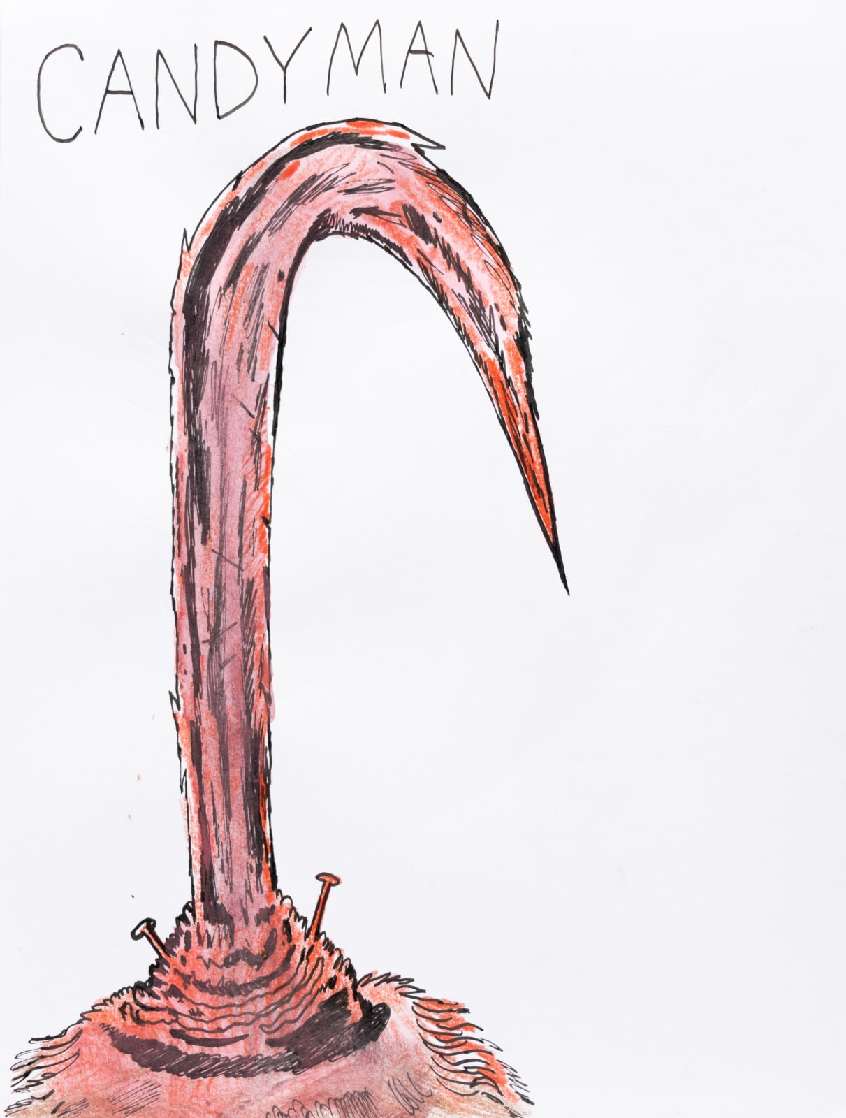 A crimson hook with two nails sticking out of its base. Text says 