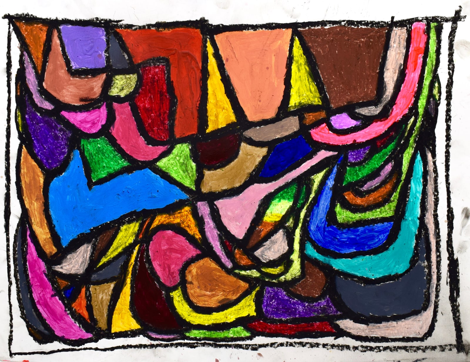 A colorful array of shapes surrounded by a black border.
