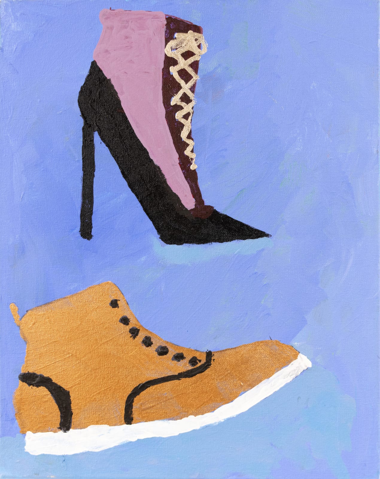 Two individual shoes, a puce and black high-heel boot is on top and below is a tan boot with a white sole and black piping at the heel, toe and eyelets. 