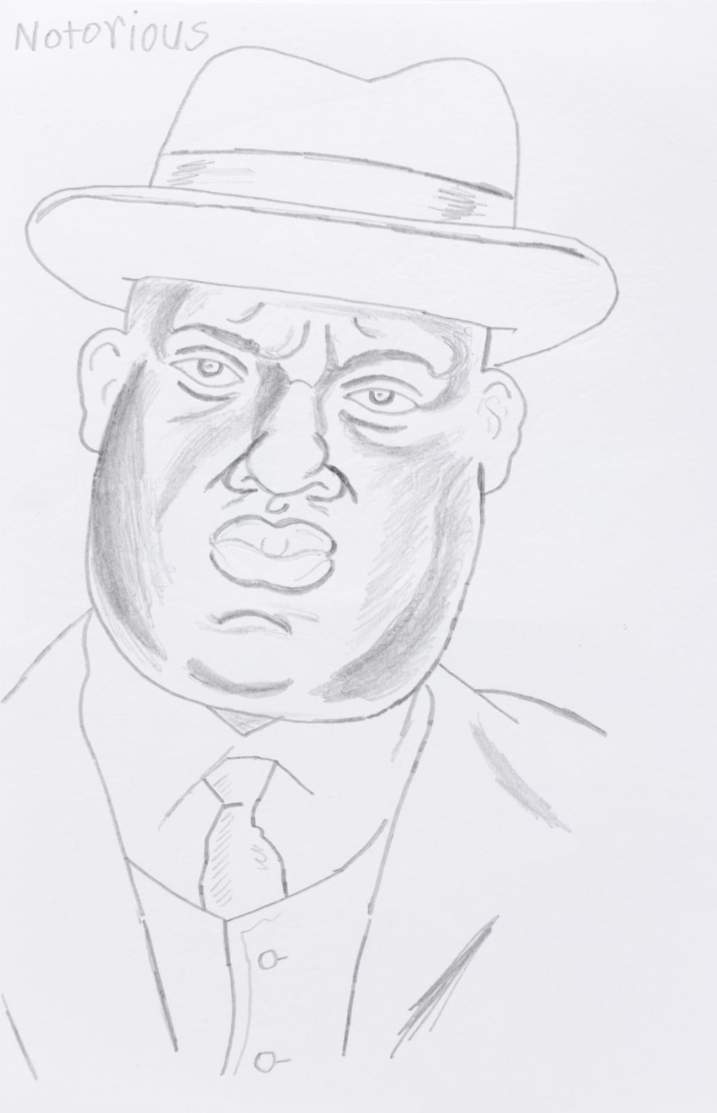 A graphite drawing of the Notorious B.I.G., depected centrally in a three-piece suit and fedora. Text at the top reads 