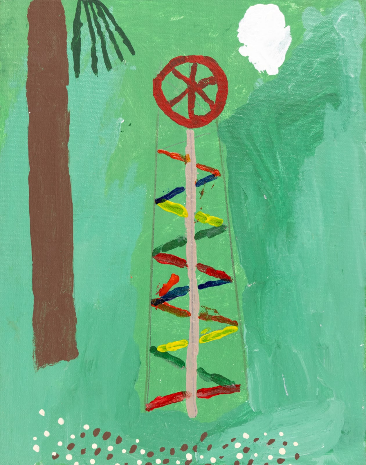 A colorful zig-zag shape goes behind a grey pole topped by a red wheel. The background is green, and there appears to be a tree trunk to the left with just a few fronds of leaves visible against the lighter green background. 