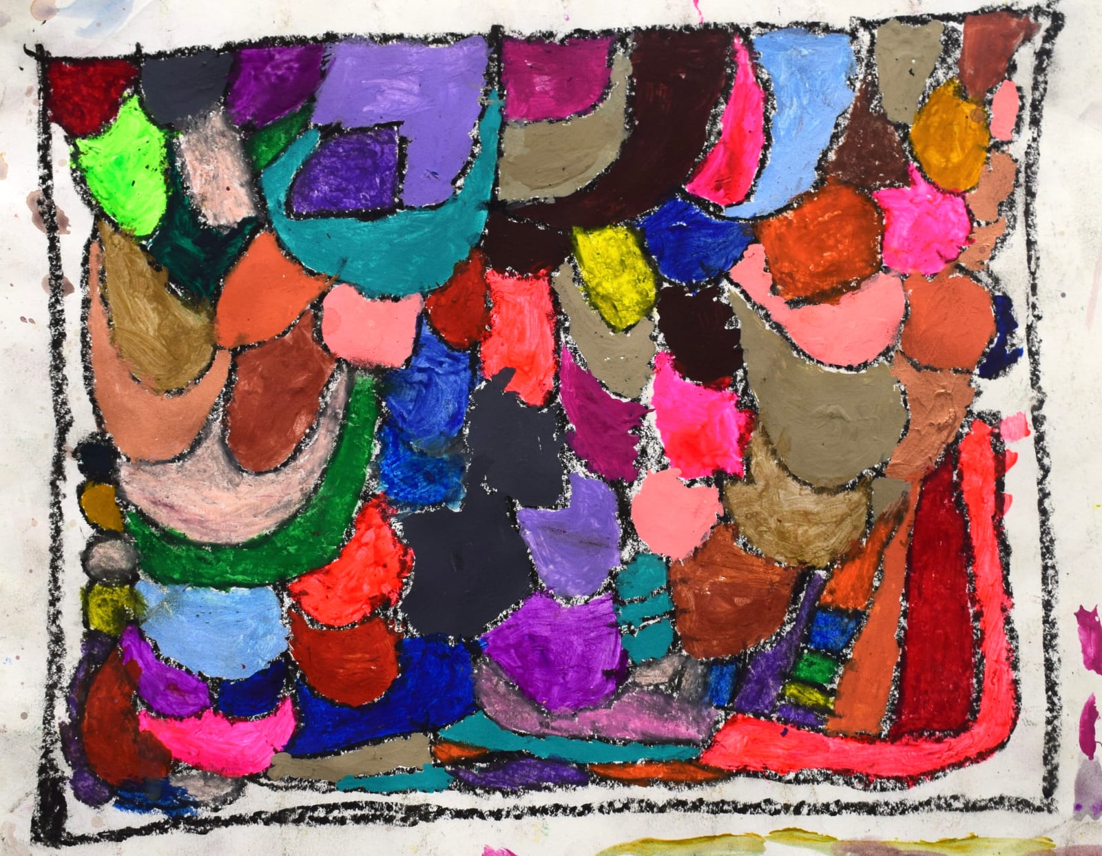 A colorful array of shapes surrounded by a black border.