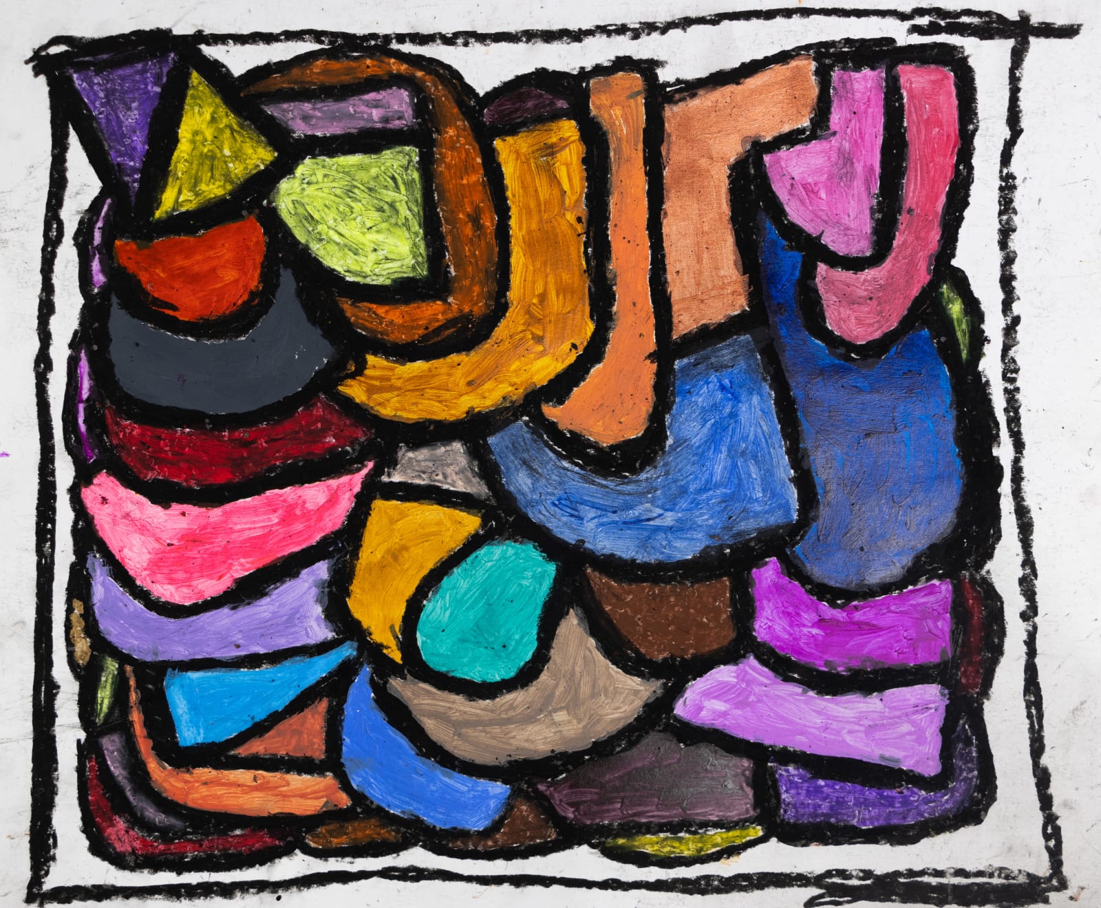 A colorful array of shapes surrounded by a black border.