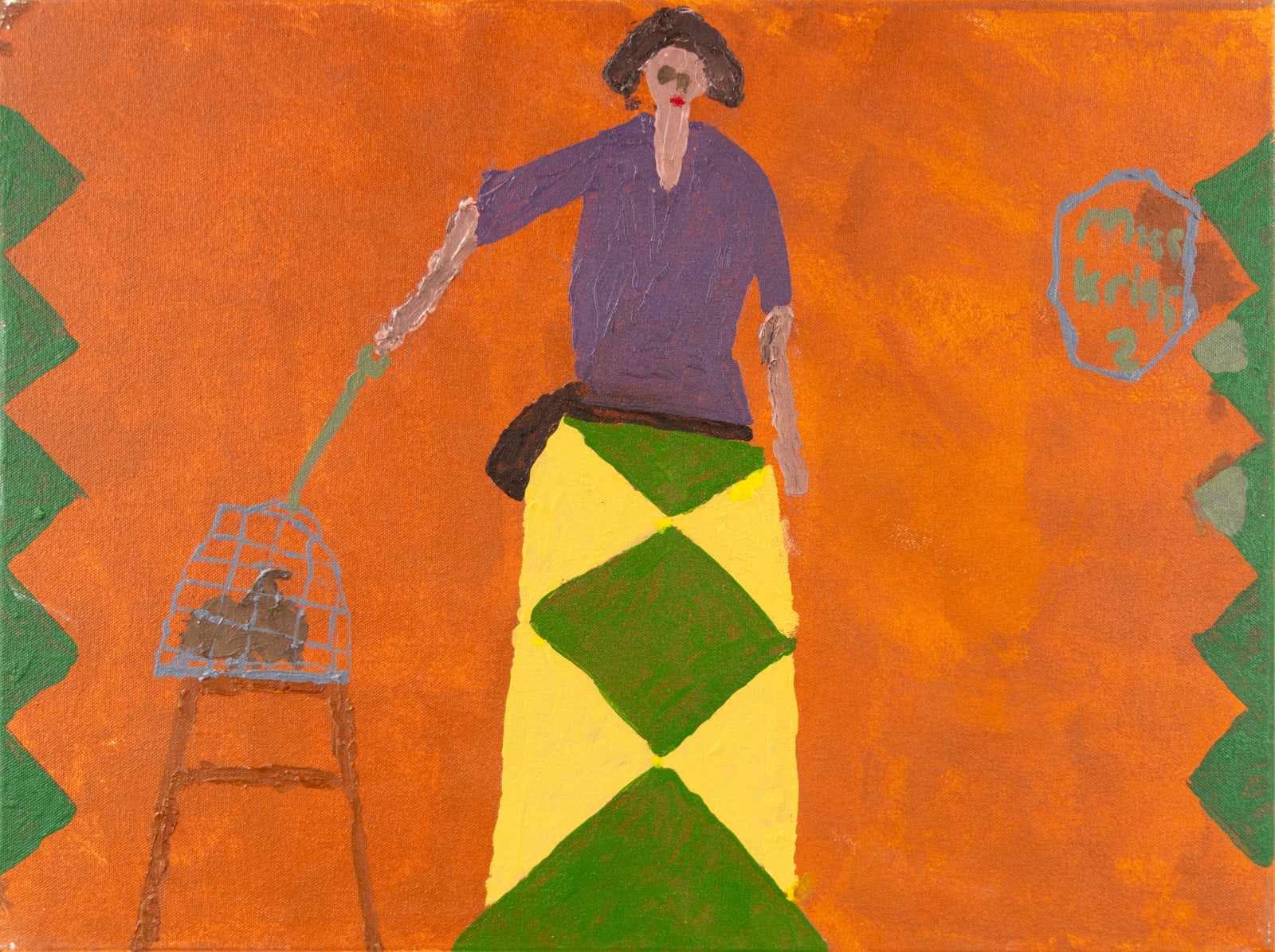 A female figure stands against an orange wall. She wears a yellow skirt with a green diamond pattern and a purple top. She stands next to a brown stool and a cave with a bird inside. 