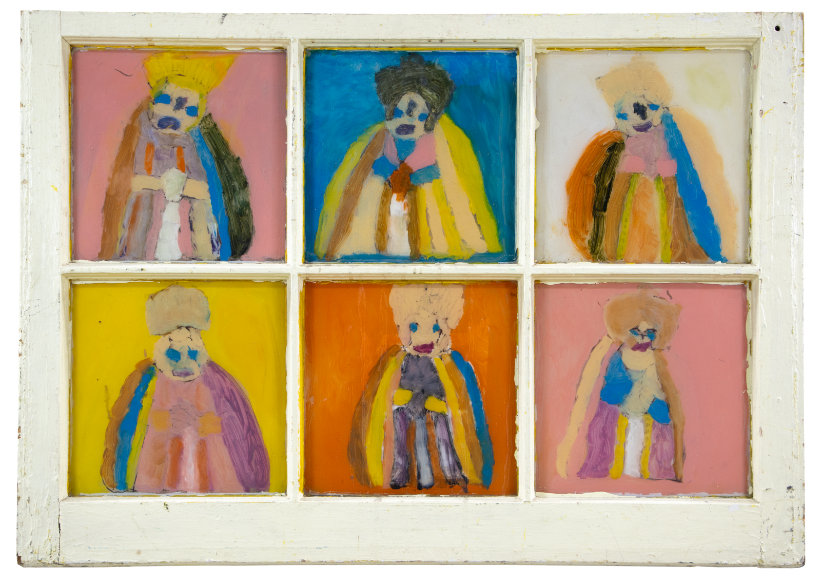 A six paned window, with paintings of the Virgin Mary on each pane. 