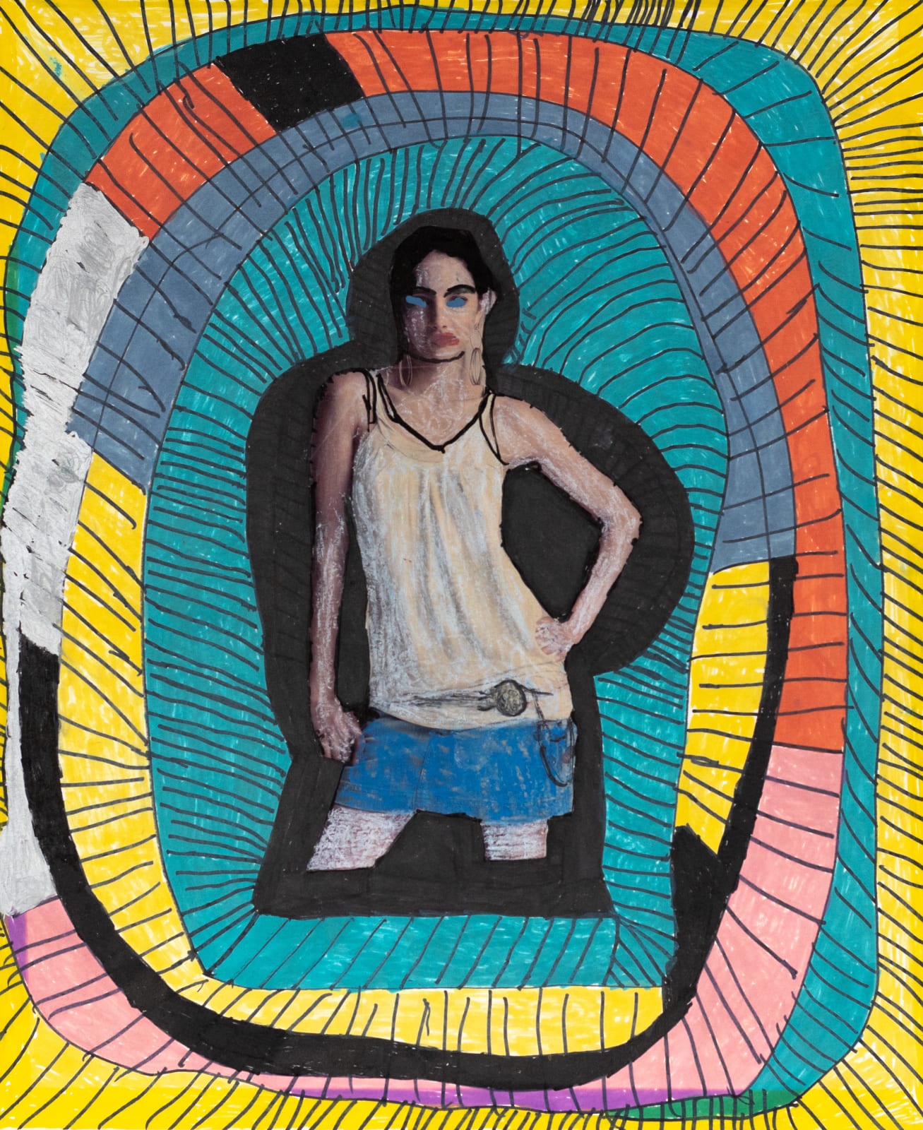 An photograph of a model from a magazine has been drawn over and collaged onto paper, surrounded by colorful concentric rings