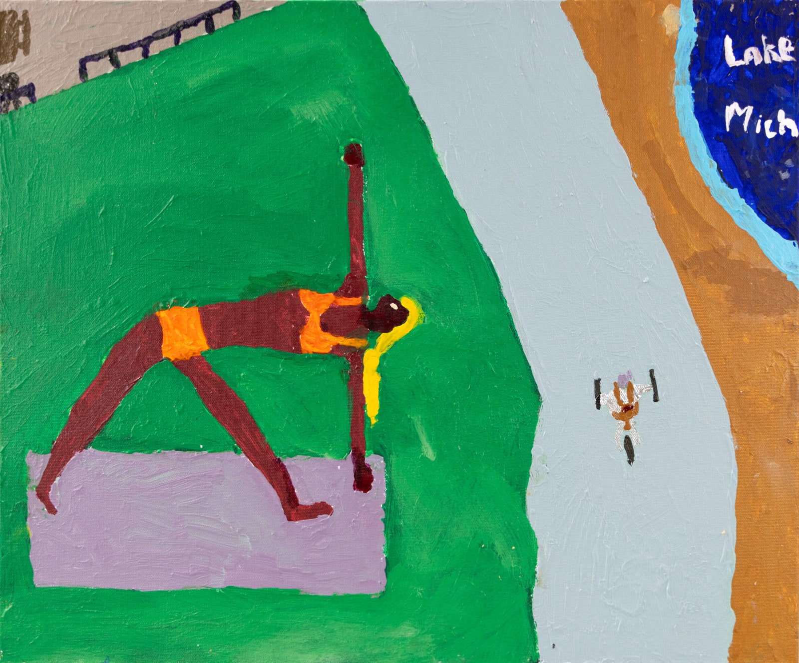 A dark skinned female figure stretches on a beach towel on the grass nearby a bike path and Lake Michigan. She wears an orange two-piece swimsuit. A figure is riding down the grey bike path. 