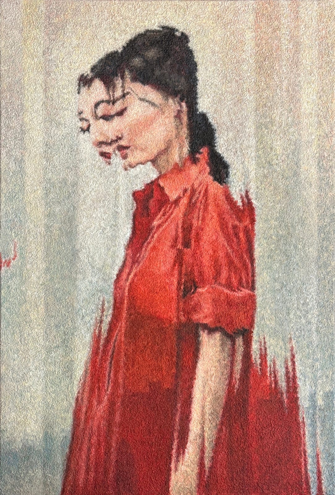 Jens Hesse, Woman in red dress, side view, 2023