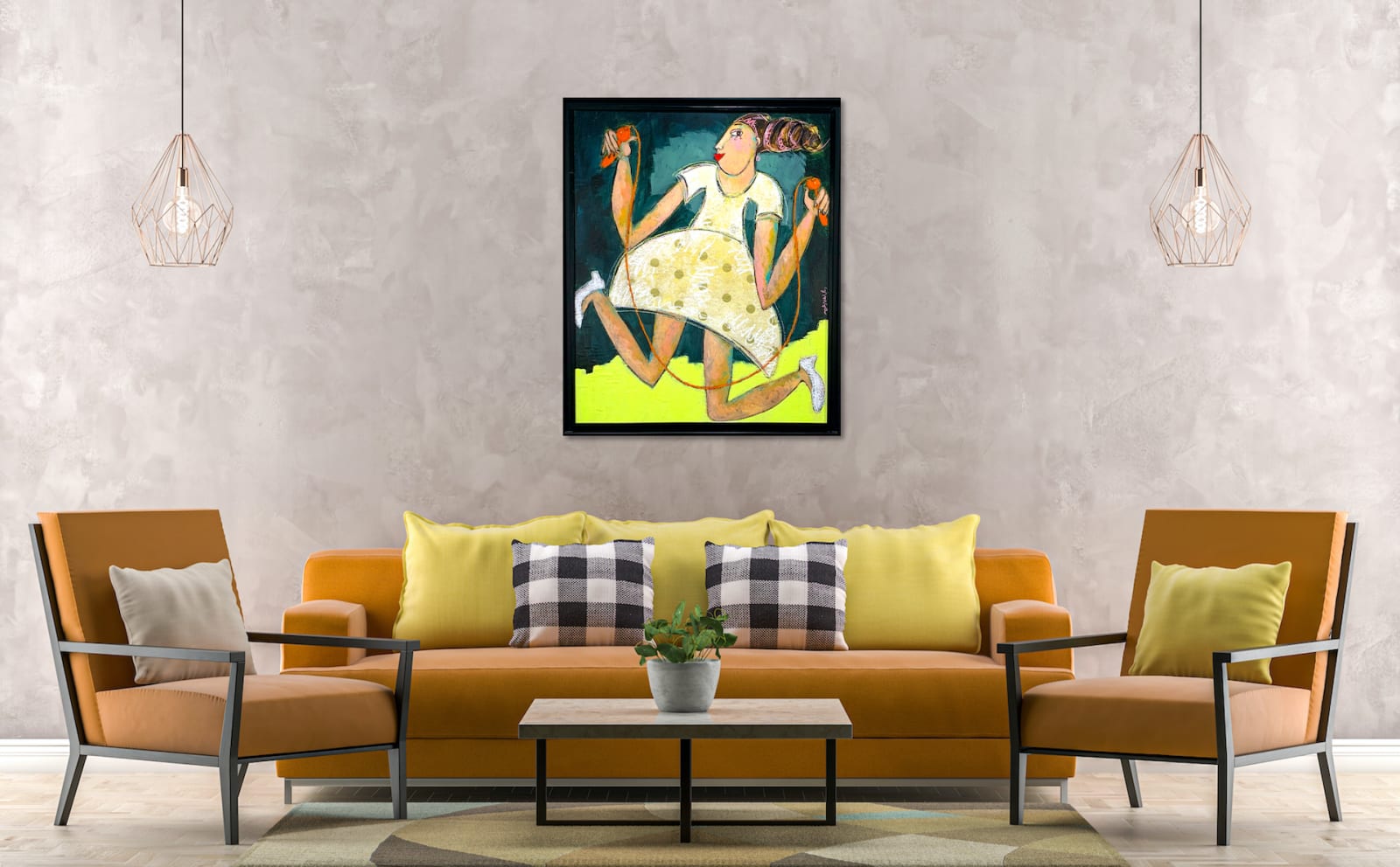 art thema, artthema, art, thema, corde a sauter, playing girl, jumping girl, joyful, yellow, vive color, painting, patricia simsa, contemporary figurative art, Art Thema Heyi Gallery, Brussels, home interior art design, salon decoration