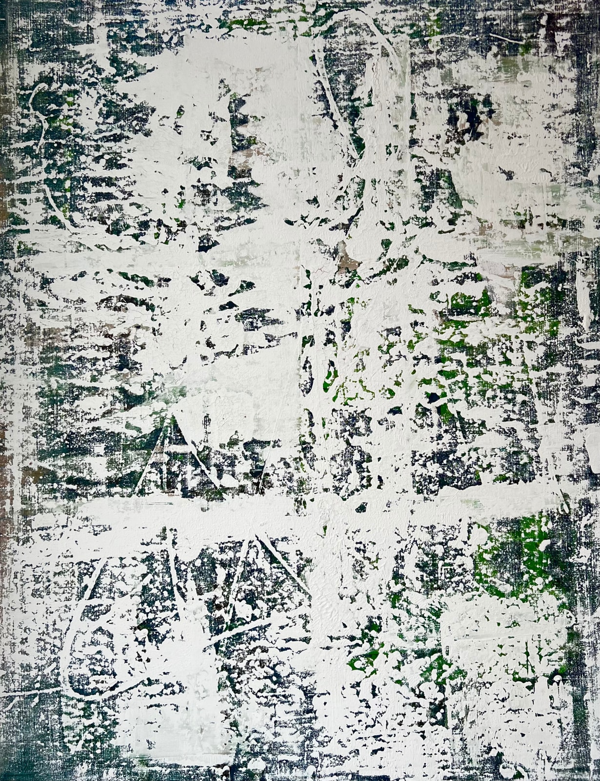Forest Relic, abstract textured painting by Mathis Duhem combining white and green layers with scraped, eroded patterns suggesting organic remnants