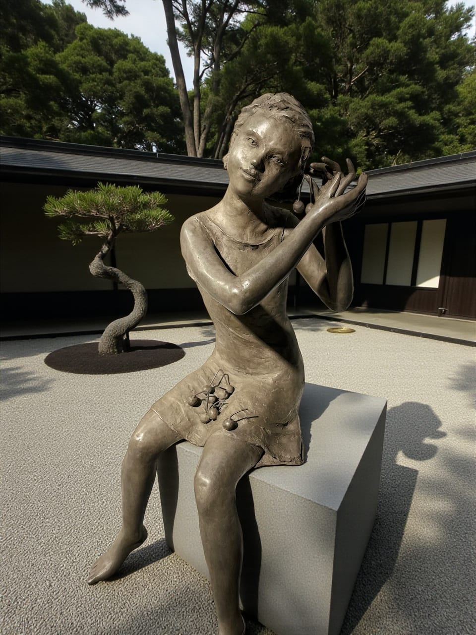 escultura en bronce, Le Temps des Cerises, Béatrice Cols, artista belga, niño en bronce, escultura figurativa, arte contemporáneo, escultura de niña, pátina natural, decoración de jardín, escultura de colección, escultura exterior, escultura para interioristas, bronce patinado, escultura poética, obra de galería, escultura belga en bronce, escultura infantil