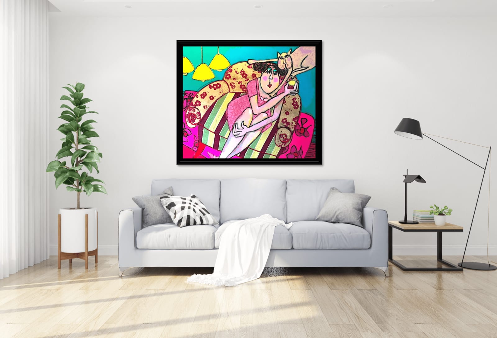 art thema, artthema, art, thema, french girl, cat, love, joyful, colorful, contemporary art, chat sur le divan, simsa, painting, mixed media, cat, woman, art thema heyi gallery, art, brussels, home interior art design, salon decoration