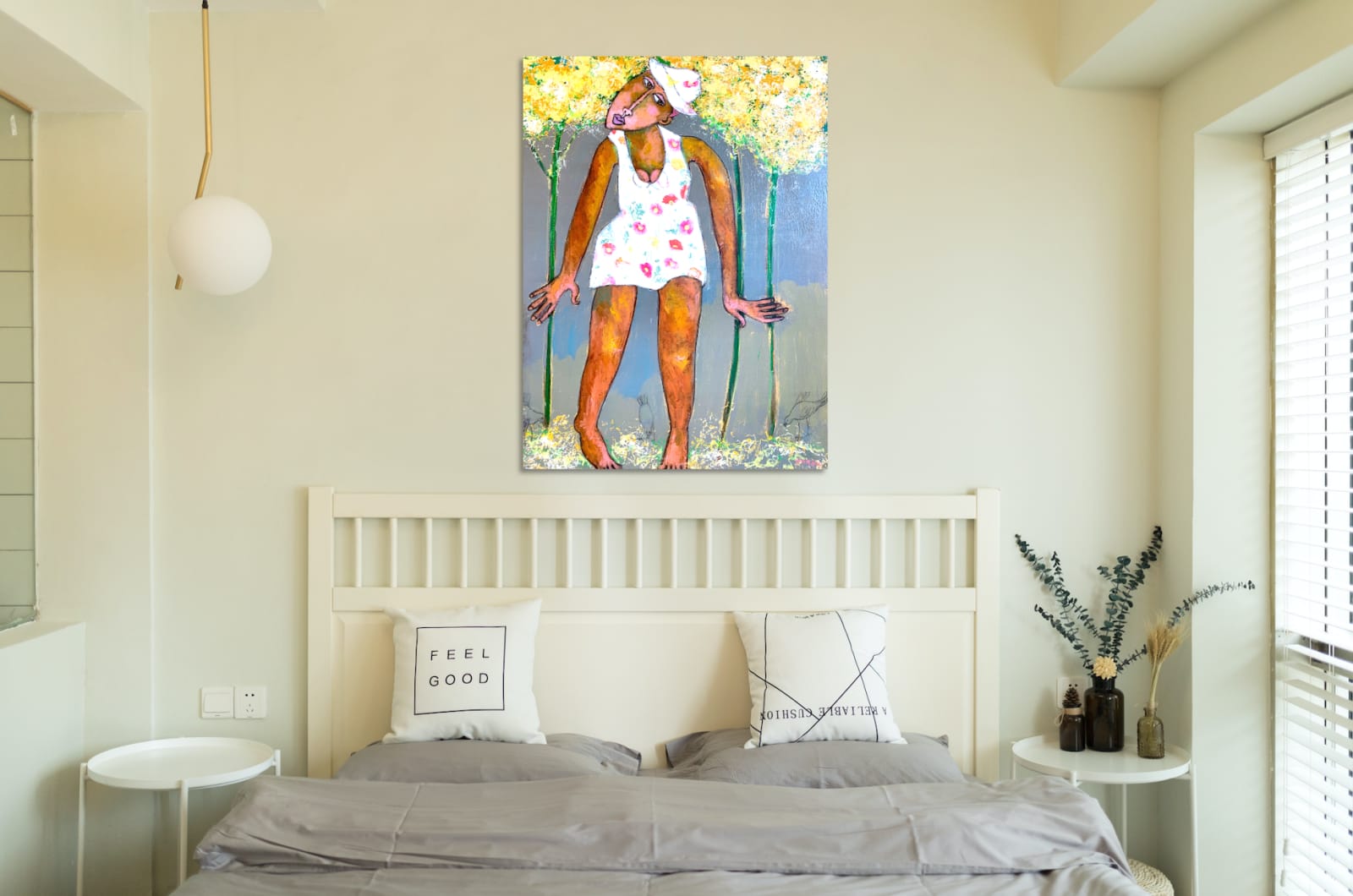 art thema, artthema, art, thema, Beautiful girl, flower, golden, acrylic painting, contemporary figurative art, simsa patricia, joyful, spring, summer, Art Thema Heyi Gallery, Brussels, home interior art design, bedroom decoration