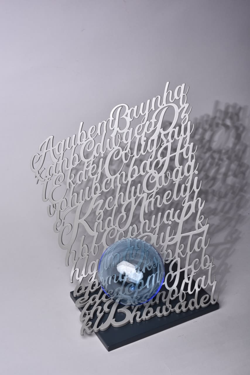 baldini, bronze, sculpture, words, writing, letter, alphabet, steel, shades, grey, masterpiece, contemporary art, design, art gallery