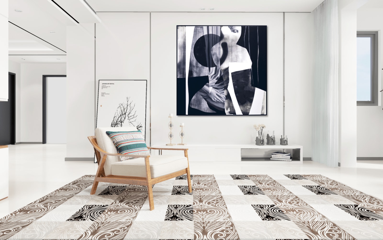 painting, BLO, black and white, abstract street art painting, religion, woman, moon, mystery, contemporary art, street art, B&W, Art Thema Heyi Gallery, Brussels, home interior art design, salon decoration