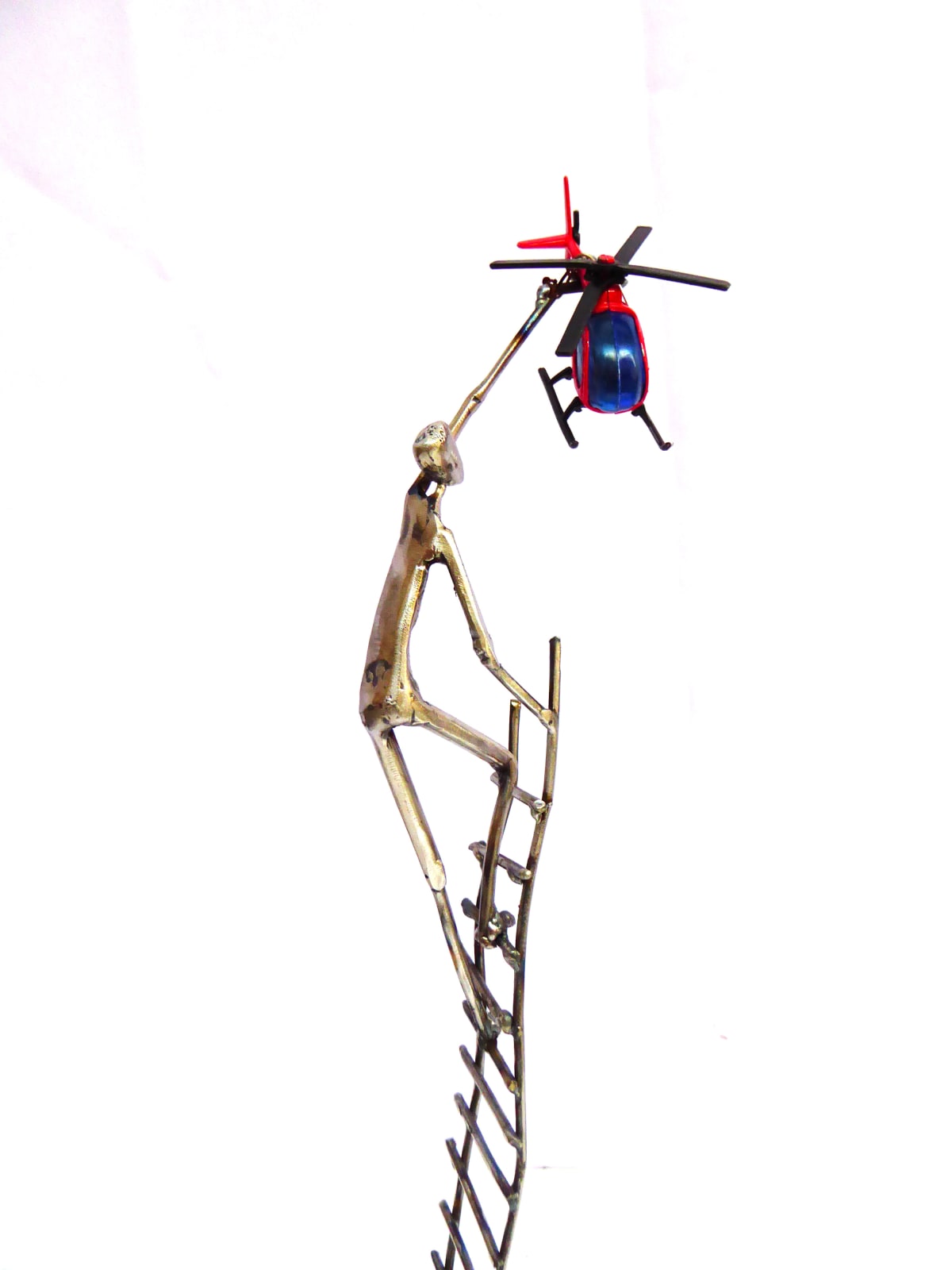 helicopter, sweet escape, ladder, steel sculpture, joy, person, figurative art, caroline brisset, contemporary art, solitude, covid-19, art thema heyi gallery, brussels