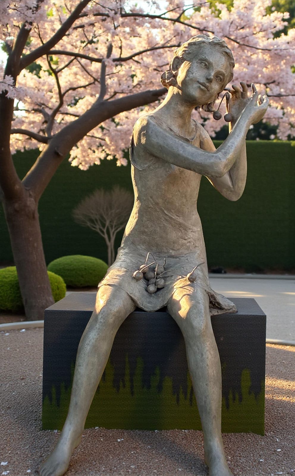 bronze sculpture, Le Temps des Cerises, Béatrice Cols, Belgian artist, bronze child figure, figurative sculpture, contemporary art, young girl sculpture, natural patina bronze, garden art, collectible sculpture, outdoor bronze sculpture, sculpture for interior designers, patinated bronze artwork, poetic sculpture, art gallery piece, Belgian bronze sculpture, child sculpture