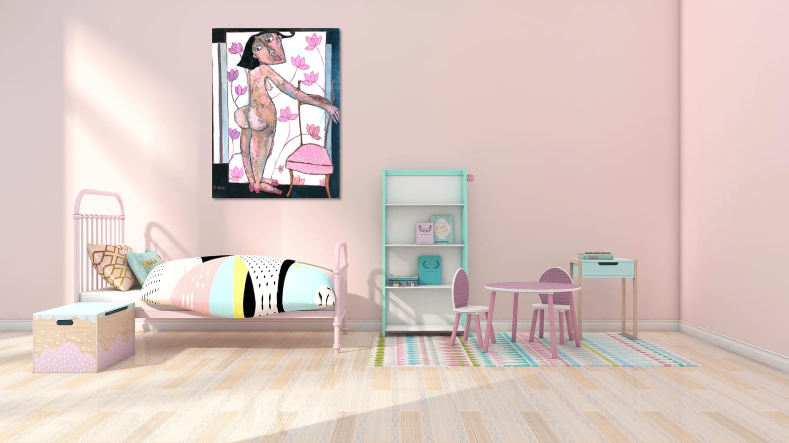 art thema, artthema, art, thema, beautiful girl, naked, love, pink flower, coquine, simsa patricia, contemporary figurative art, acrylic painting, colorful, Art Thema Heyi Gallery, Brussels, bedroom decoration, interior home art design