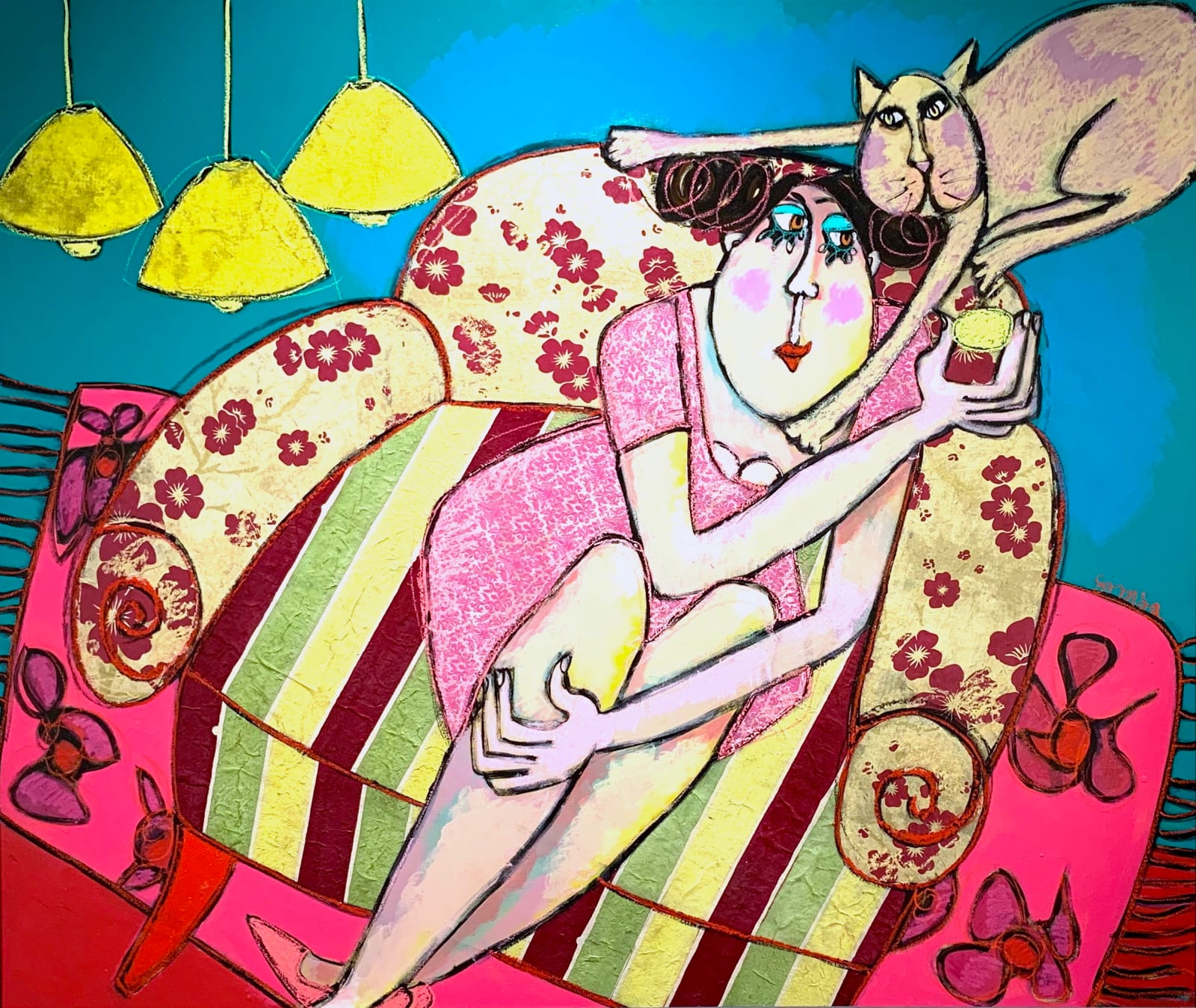 art thema, artthema, art, thema, french girl, cat, love, joyful, colorful, contemporary art, chat sur le divan, simsa, painting, mixed media, cat, woman, art thema heyi gallery, art, brussels