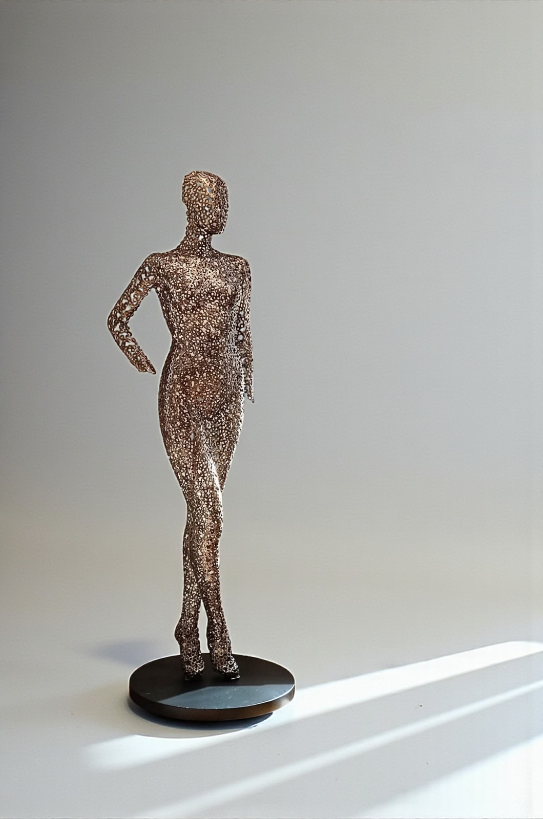 Maia, zeitgenössische Skulptur aus gebürstetem Edelstahl von Gregory Castiglia im Garten, grafisches durchlässiges Kunstwerk für Außen- und Architekturprojekte.