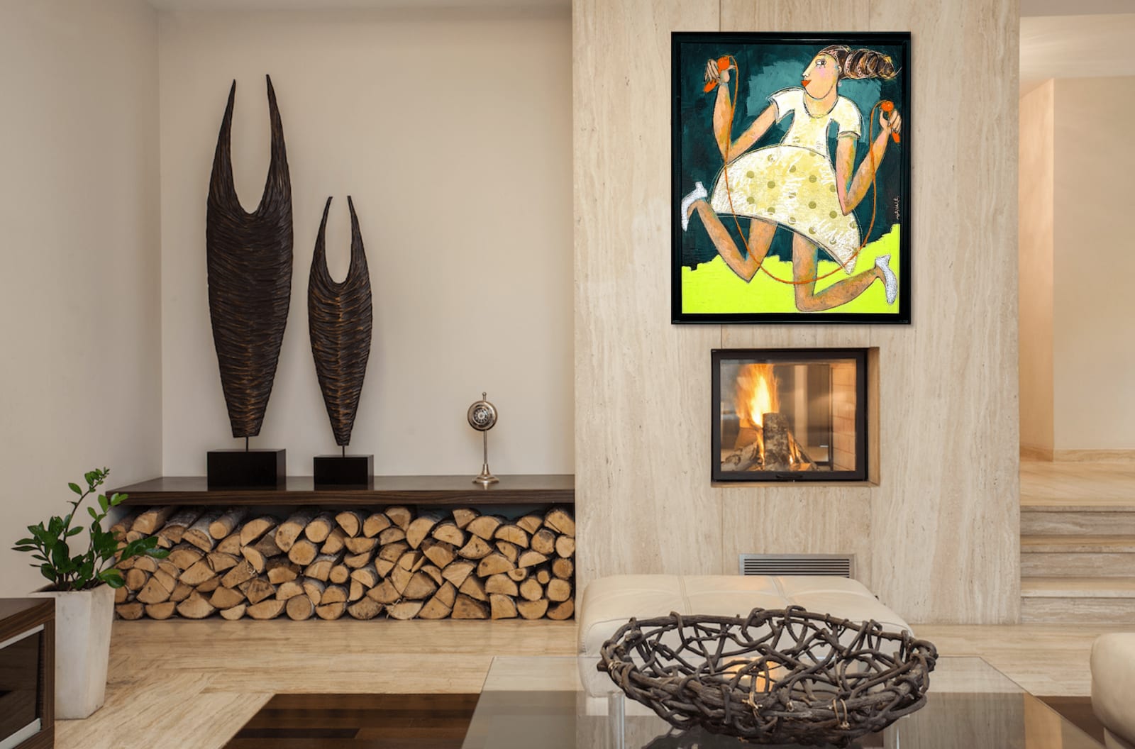 art thema, artthema, art, thema, corde a sauter, playing girl, jumping girl, joyful, yellow, vive color, painting, patricia simsa, contemporary figurative art, Art Thema Heyi Gallery, Brussels, home interior art design, salon decoration