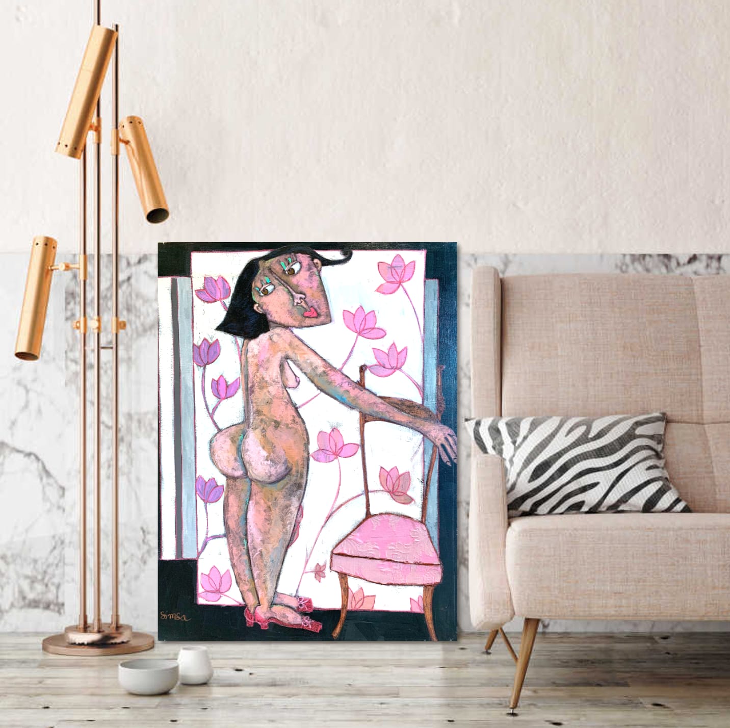 art thema, artthema, art, thema, beautiful girl, naked, love, pink flower, coquine, simsa patricia, contemporary figurative art, acrylic painting, colorful, Art Thema Heyi Gallery, Brussels, salon decoration, interior home art design