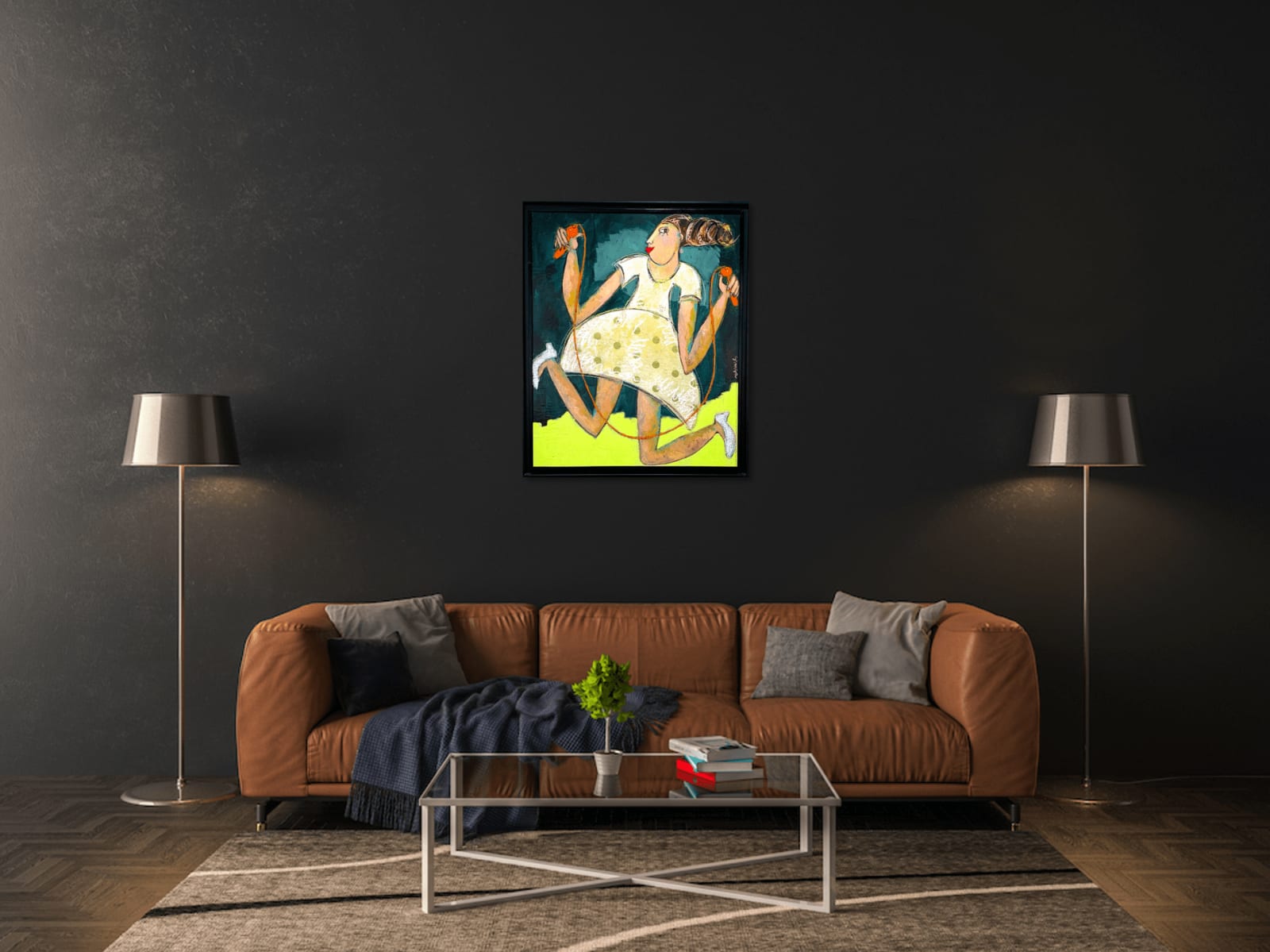 art thema, artthema, art, thema, corde a sauter, playing girl, jumping girl, joyful, yellow, vive color, painting, patricia simsa, contemporary figurative art, Art Thema Heyi Gallery, Brussels, home interior art design, salon decoration