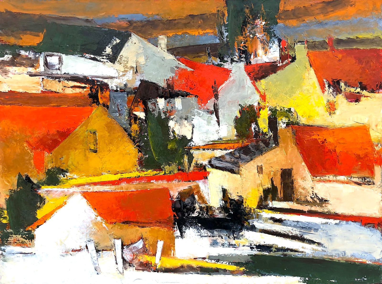 jacques, daufin, expressionnist, painting, oil, canvas, colors, red, orange, stairs, landscape, french, art thema, heyi, gallery