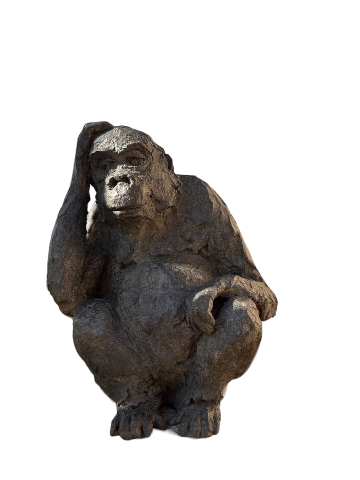 Contemporary gorilla bronze sculpture by Bast, expressive animal figure inspired by the Thinker pose, deep black patina, museum-quality collectible artwork