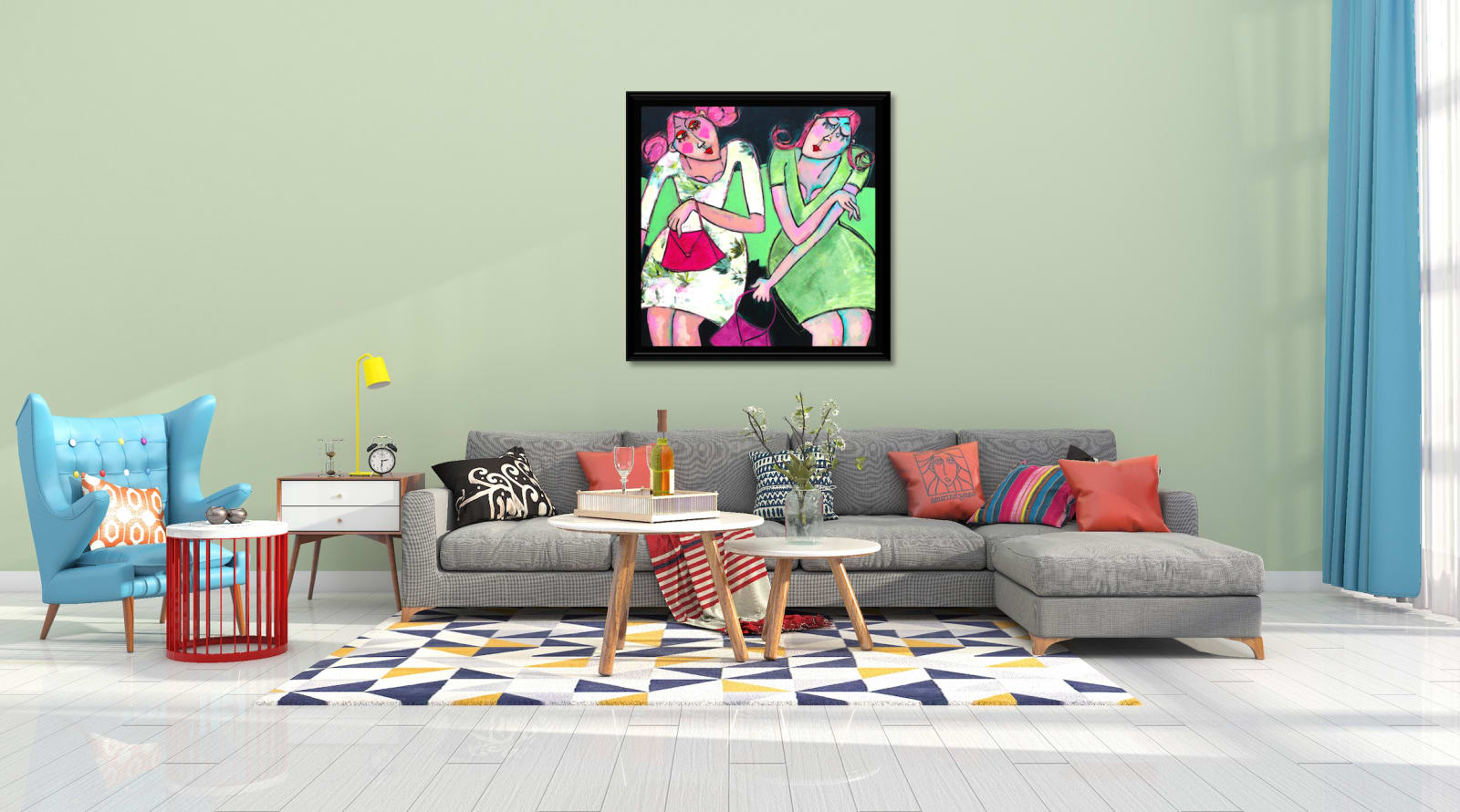 art thema, artthema, art, thema, French girls, beautiful, coquine, shopping, pink, green, girl party, SIMSA PATRICIA, Painting on cavas, Figurative painting, contemporary art, colorful, joyful, Art Thema Heyi Gallery, Brussels, home interior art design, salon decoration, Gallery, Brussels, carry le rouet